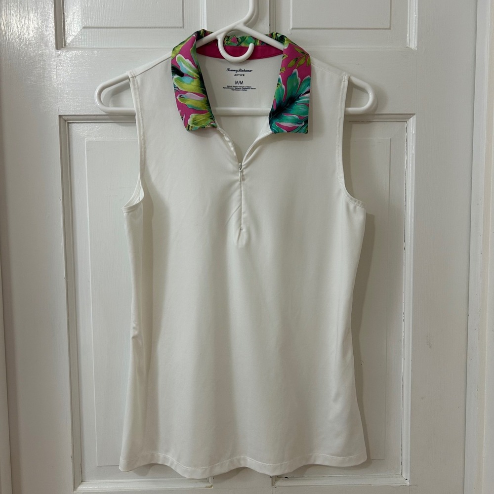 Tommy‎ Bahama Active Quarter Zip Polo Shirt M White Tropical Sleeveless Golf